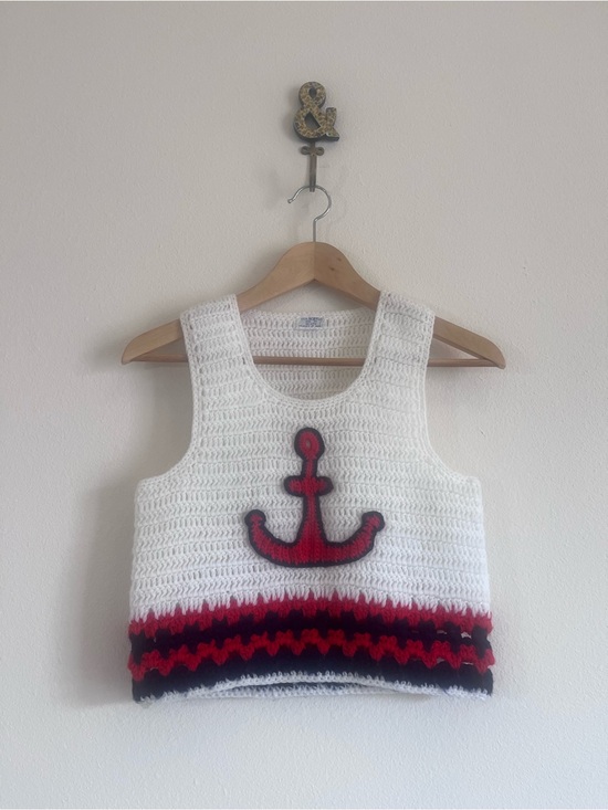 Tops - Handmade White Crochet Crop Tank with Red Anchor